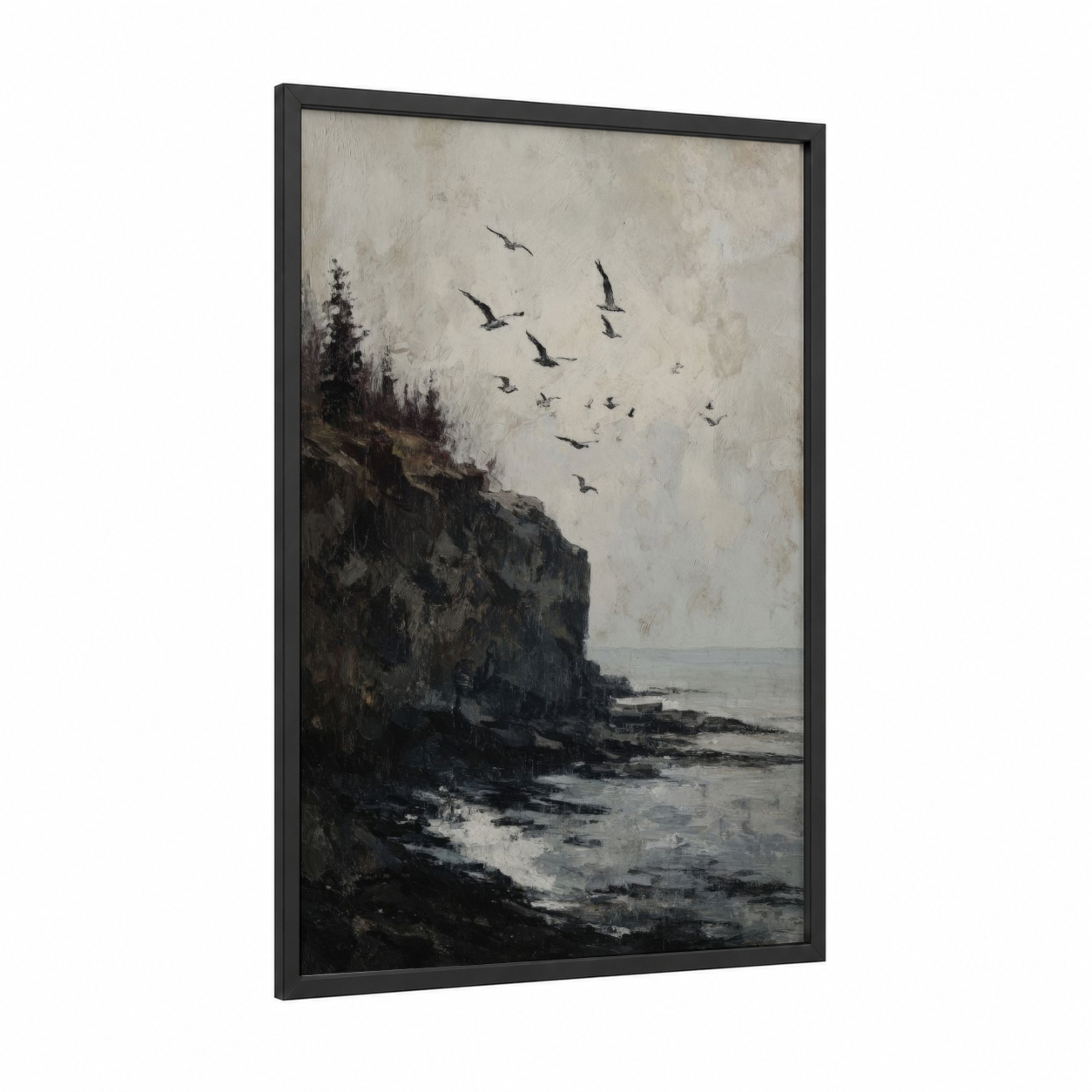 Coastal Cliff Solitude framed art print — black wood frame — gray and black and white palette