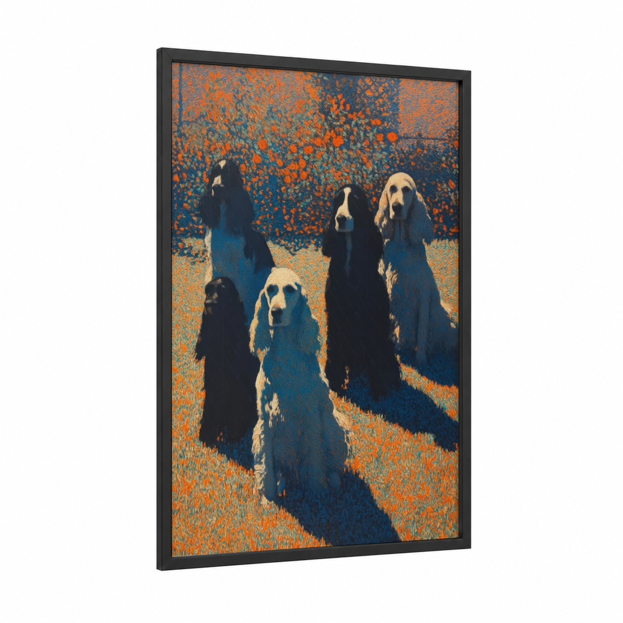 Golden Spaniel Pack framed art print — black wood frame — orange and blue palette