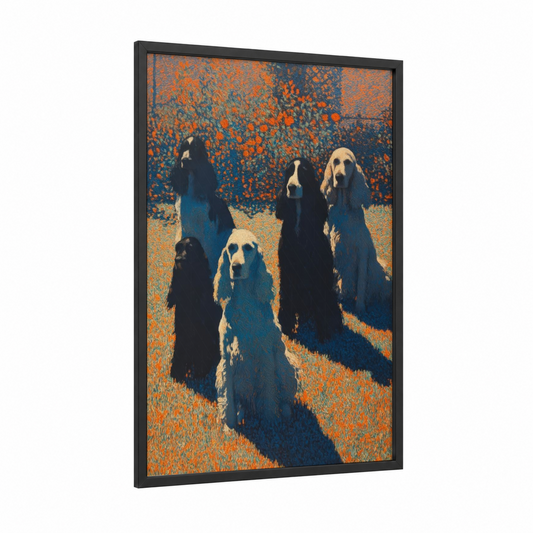 Golden Spaniel Pack framed art print — black wood frame — orange and blue palette