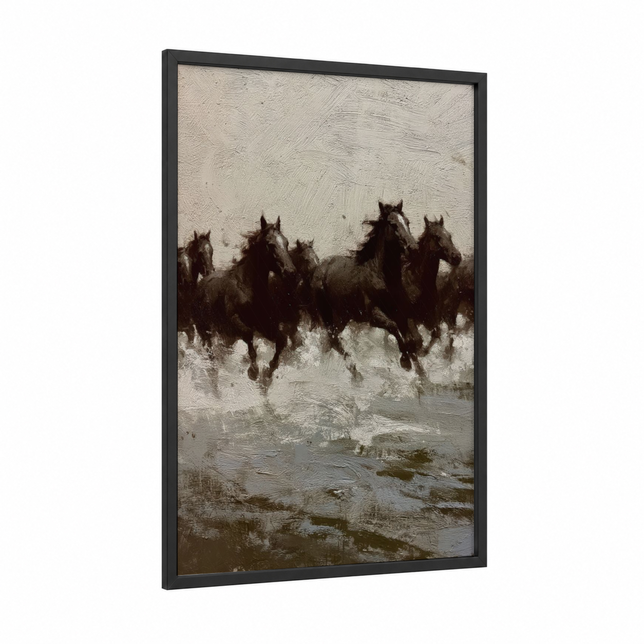 Wild Quarter Horses framed art print — black wood frame — gray and black and white palette