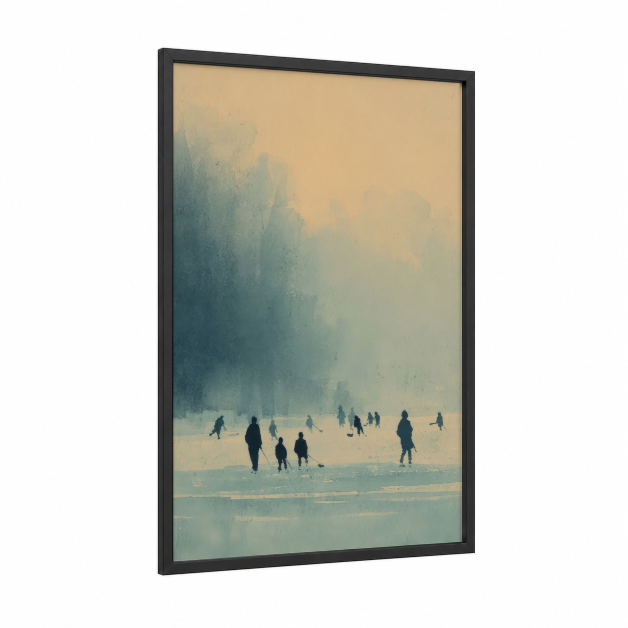 Frozen Gathering framed ice hockey print — black wood frame — blue and white and cream palette