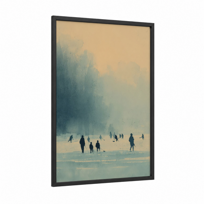 Frozen Gathering framed ice hockey print — black wood frame — blue and white and cream palette