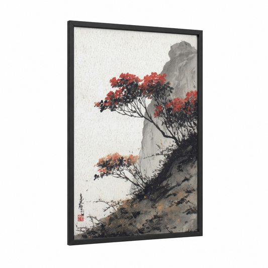 Cliff Rhododendron framed art print — black wood frame — red and gray palette