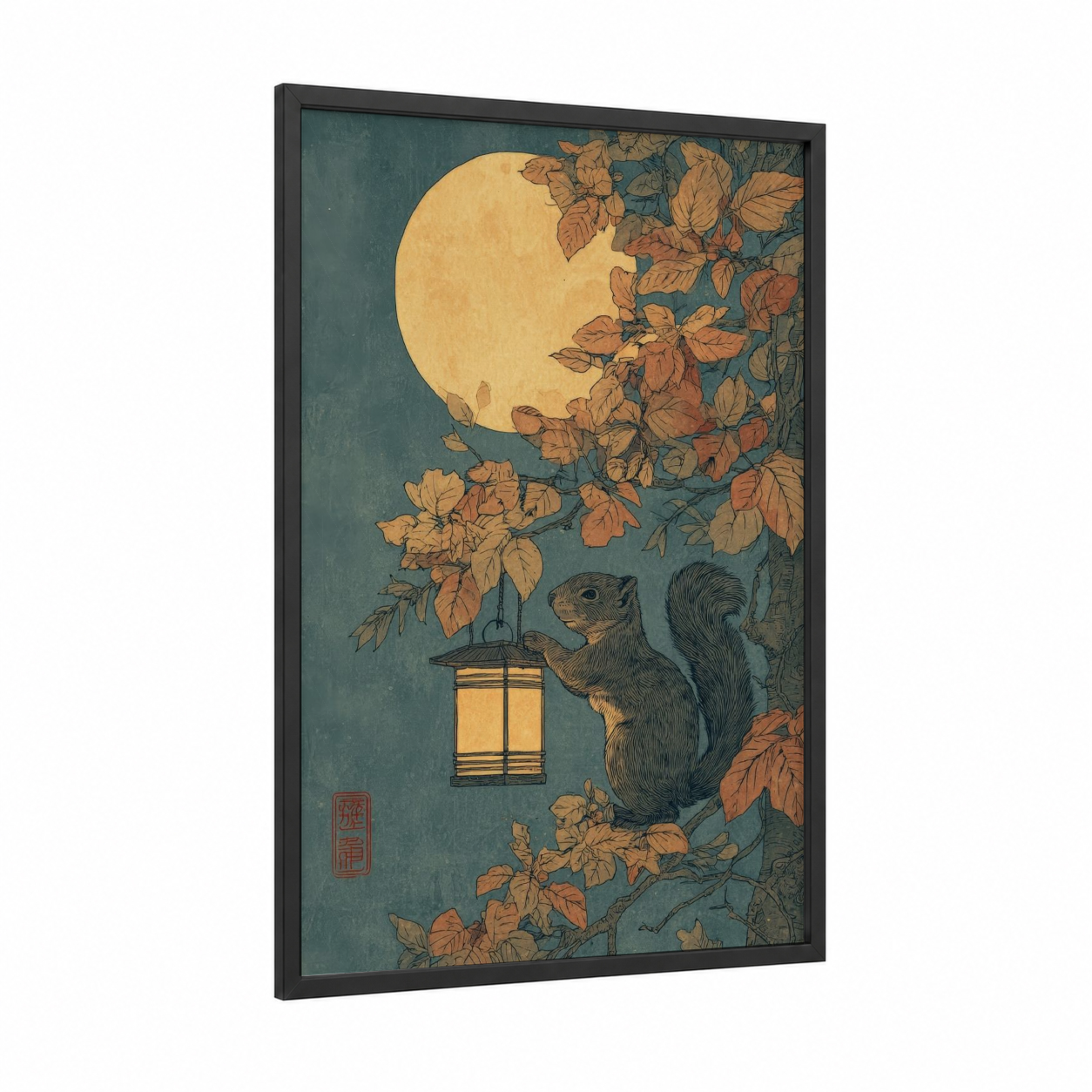 Moonlit Squirrel framed art print — black wood frame — gold and teal palette