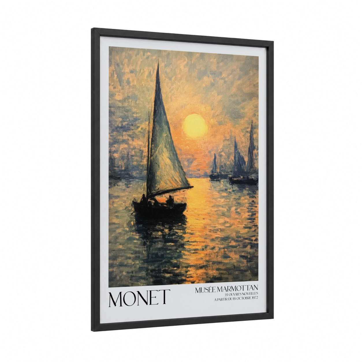 Golden Sunset Sailboats framed sailing ship print — black wood frame — gold and blue and gold palette