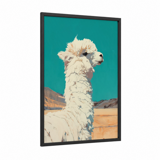 Desert Alpaca framed art print — black wood frame — teal and beige palette