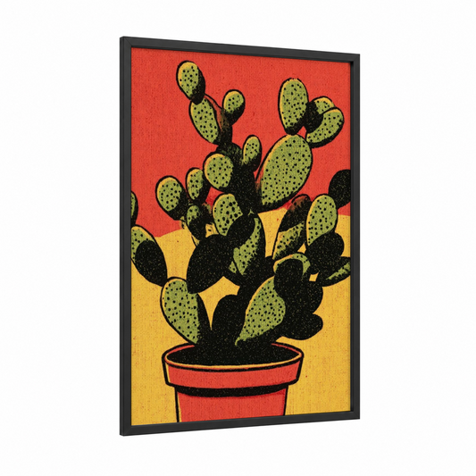 Desert Cactus Bloom framed art print — black wood frame — red and yellow palette