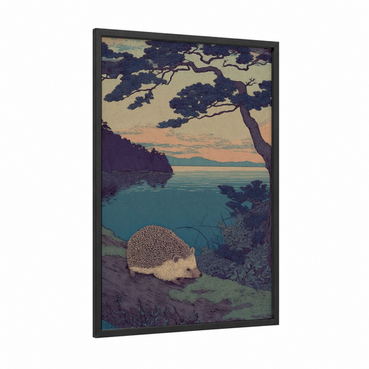 Lakeside Hedgehog framed art print — black wood frame — teal and peach palette