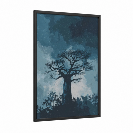 Starlit Baobab framed baobab tree print — black wood frame — blue and teal palette
