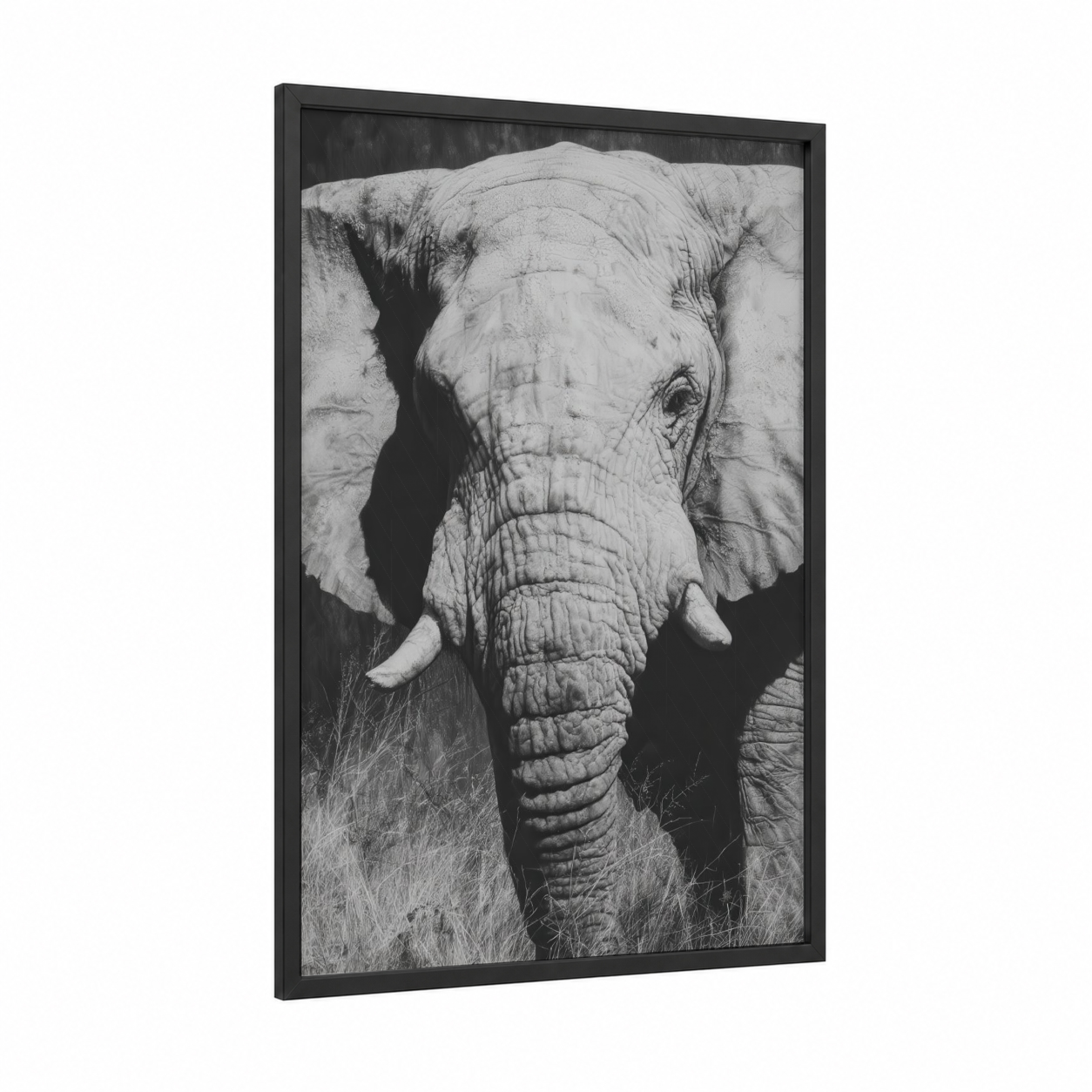 Tusked Elephant Portrait framed savanna elephant print — black wood frame — black and white and gray palette