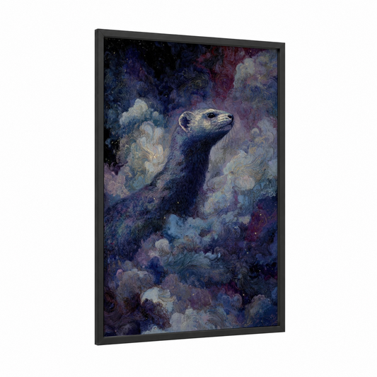 Celestial Weasel framed art print — black wood frame — blue and purple palette