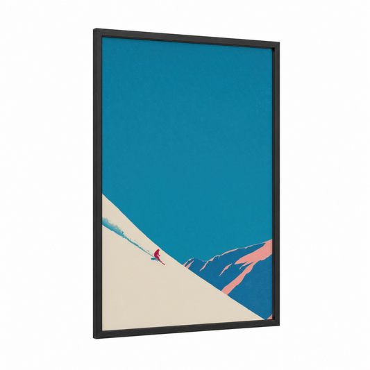 Alpine Descent framed skiing print — black wood frame — teal and cream palette