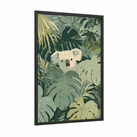 Leafy Koala framed art print — black wood frame — sage green and light green palette