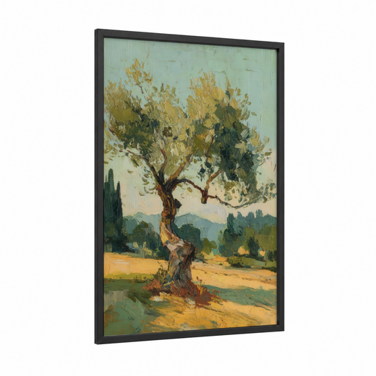 Golden Orchard Tree framed fruit trees print — black wood frame — gold and green palette