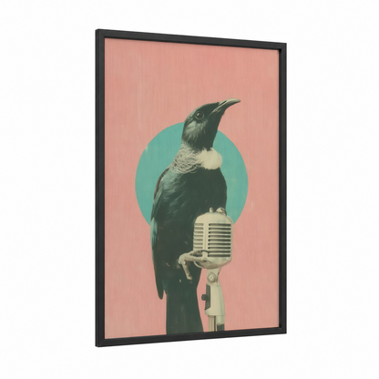 Singing Parrot framed safari parrots print — black wood frame — salmon pink and aquamarine palette