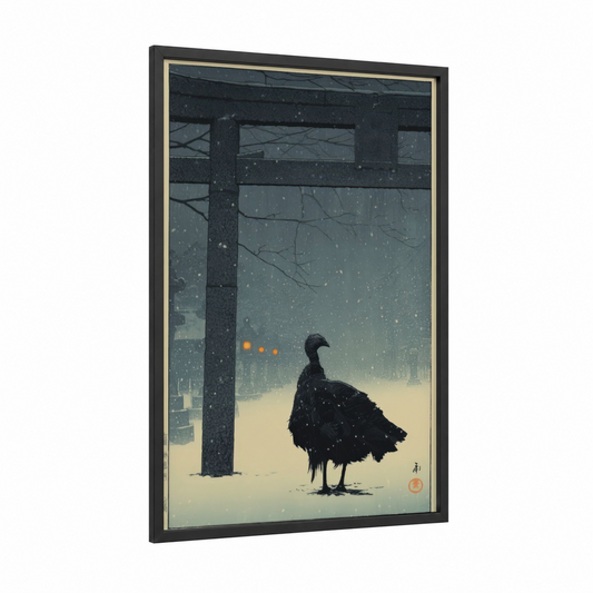 Snowy Turkey Solitude framed art print — black wood frame — black and white and dove gray palette