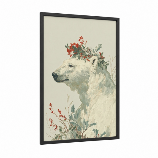 Winter Polar Bear framed art print — black wood frame — cream and red palette