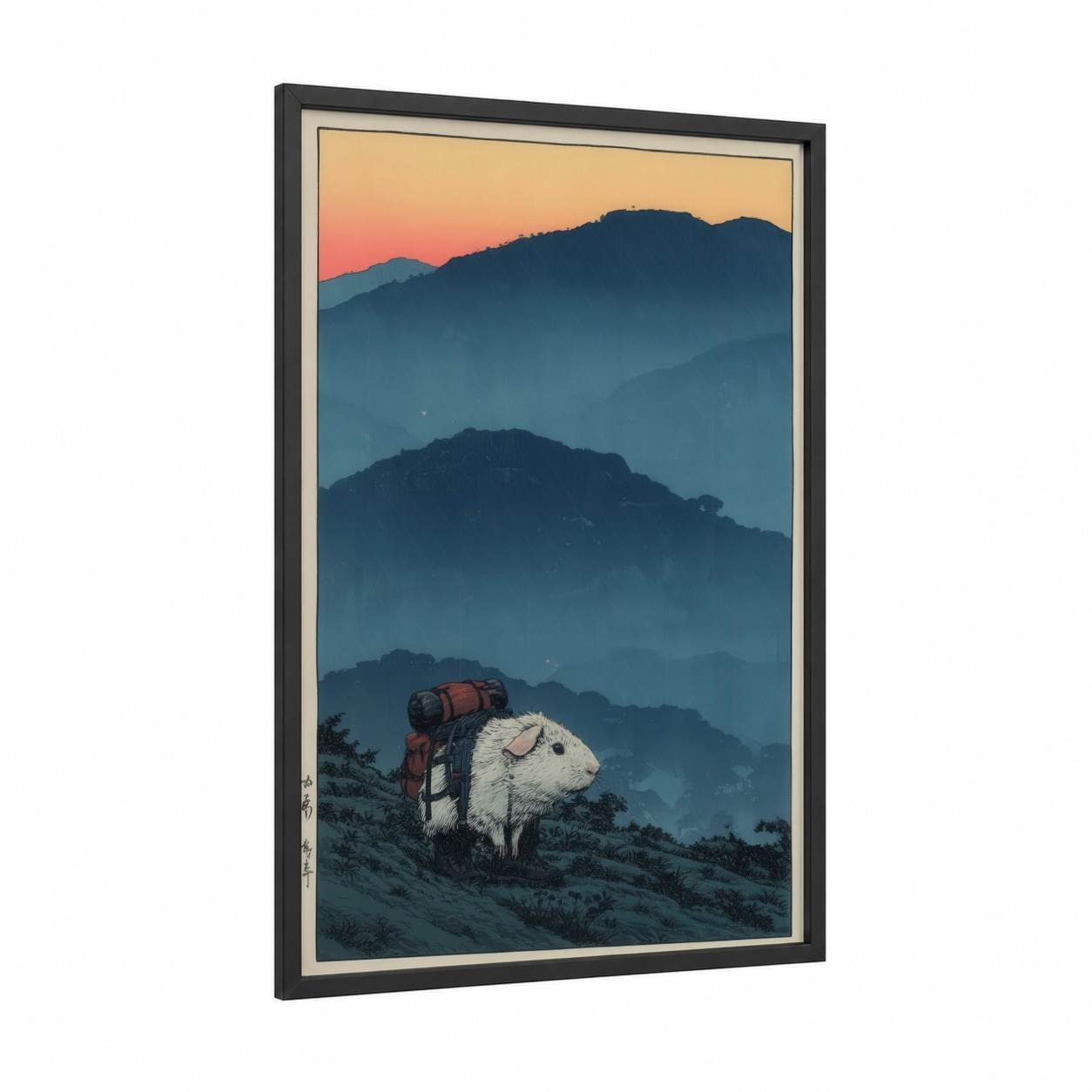 Mountain Explorer Guinea Pig framed art print — black wood frame — dark blue and peach palette