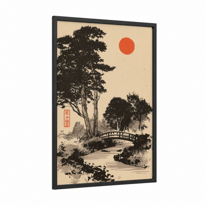 Crimson Sunset Bridge framed abstract classic print — black wood frame — black and cream palette