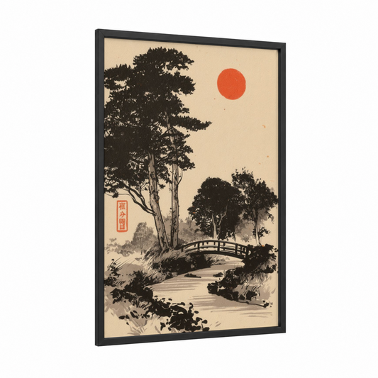Crimson Sunset Bridge framed abstract classic print — black wood frame — black and cream palette