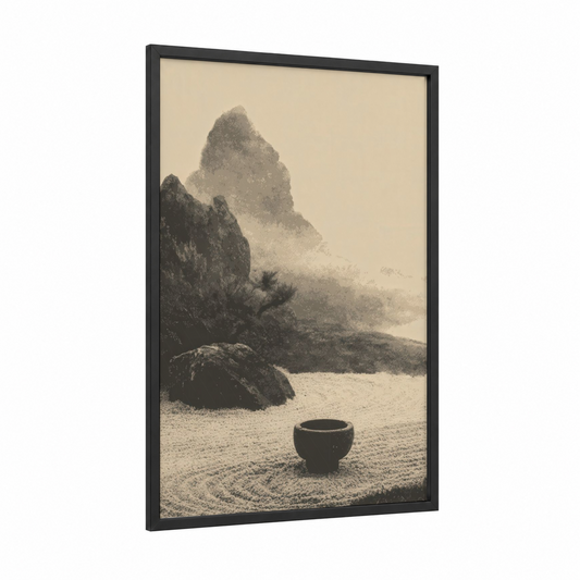 Zen Tea Ritual framed art print — black wood frame — black and white and beige palette