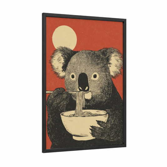 Noodle Koala framed art print — black wood frame — russet and black and white palette