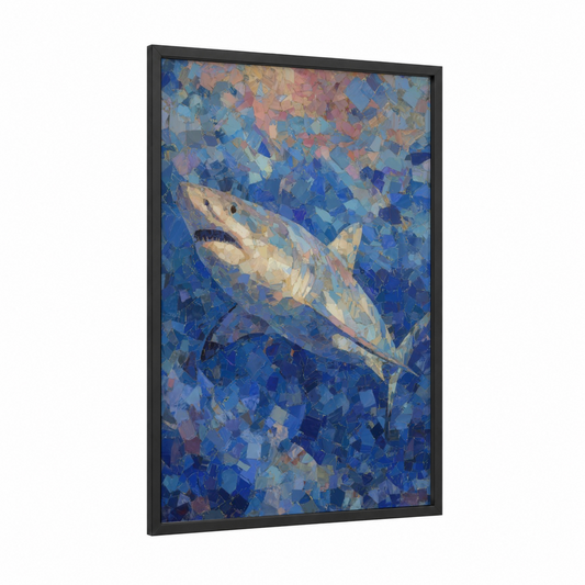 Azure Shark framed blue shark print — black wood frame — blue and peach palette