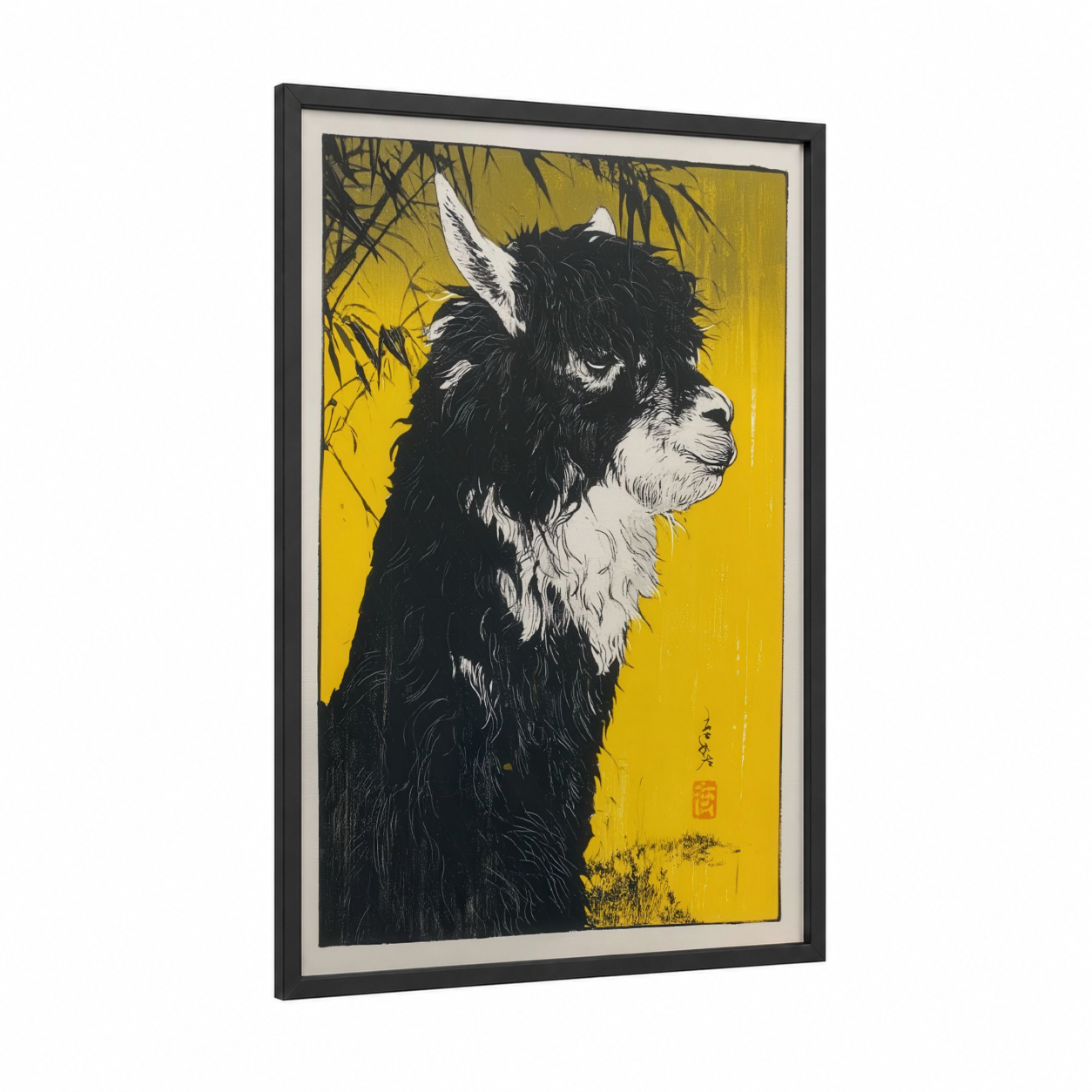 Golden Alpaca Profile framed art print — black wood frame — yellow gold and black and white palette