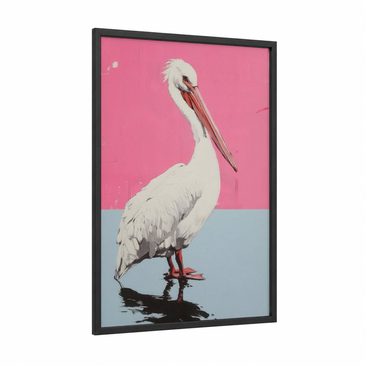 Pink Pelican framed art print — black wood frame — pink and blue and white palette