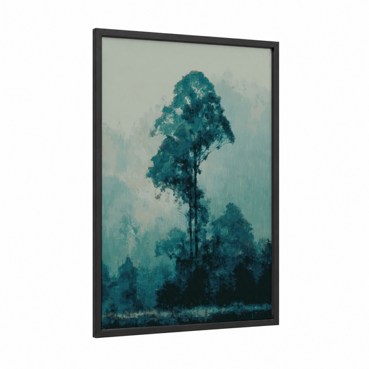 Misty Kauri framed kauri tree print — black wood frame — teal and gray palette