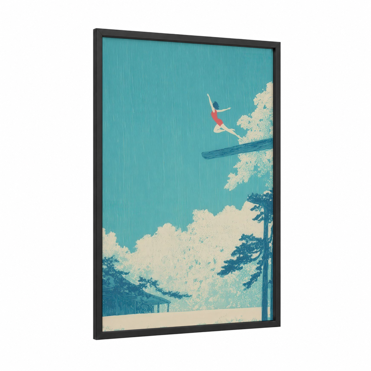 Aerial Gymnast framed gymnastics print — black wood frame — turquoise and cream palette