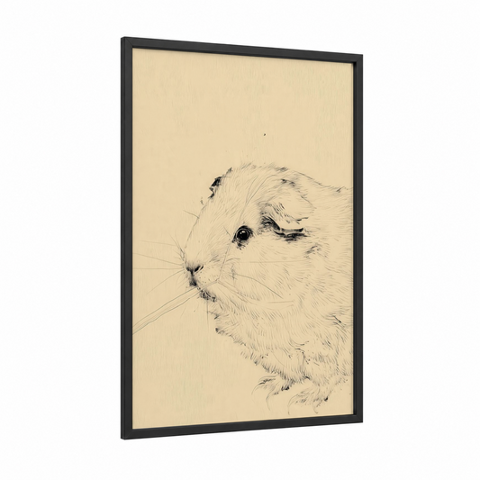 Gentle Guinea Pig framed art print — black wood frame — cream and black and white palette