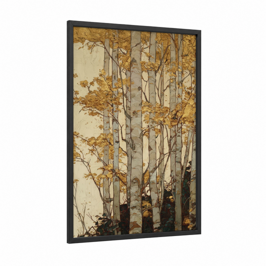 Golden Birch Forest framed birch tree print — black wood frame — gold and cream palette