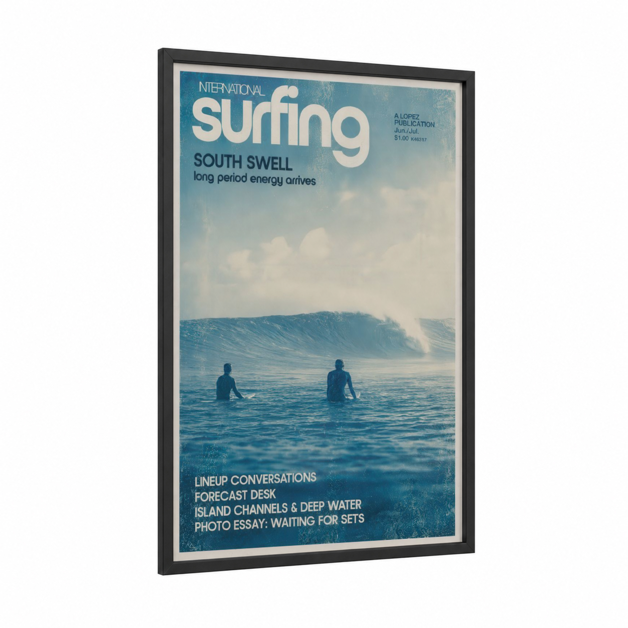 Vintage Surf Magazine Ocean Wall Art framed surfing print — black wood frame — blue and turquoise palette