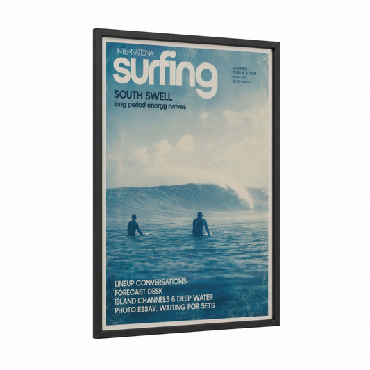 Vintage Surf Magazine Ocean Wall Art framed surfing print — black wood frame — blue and turquoise palette