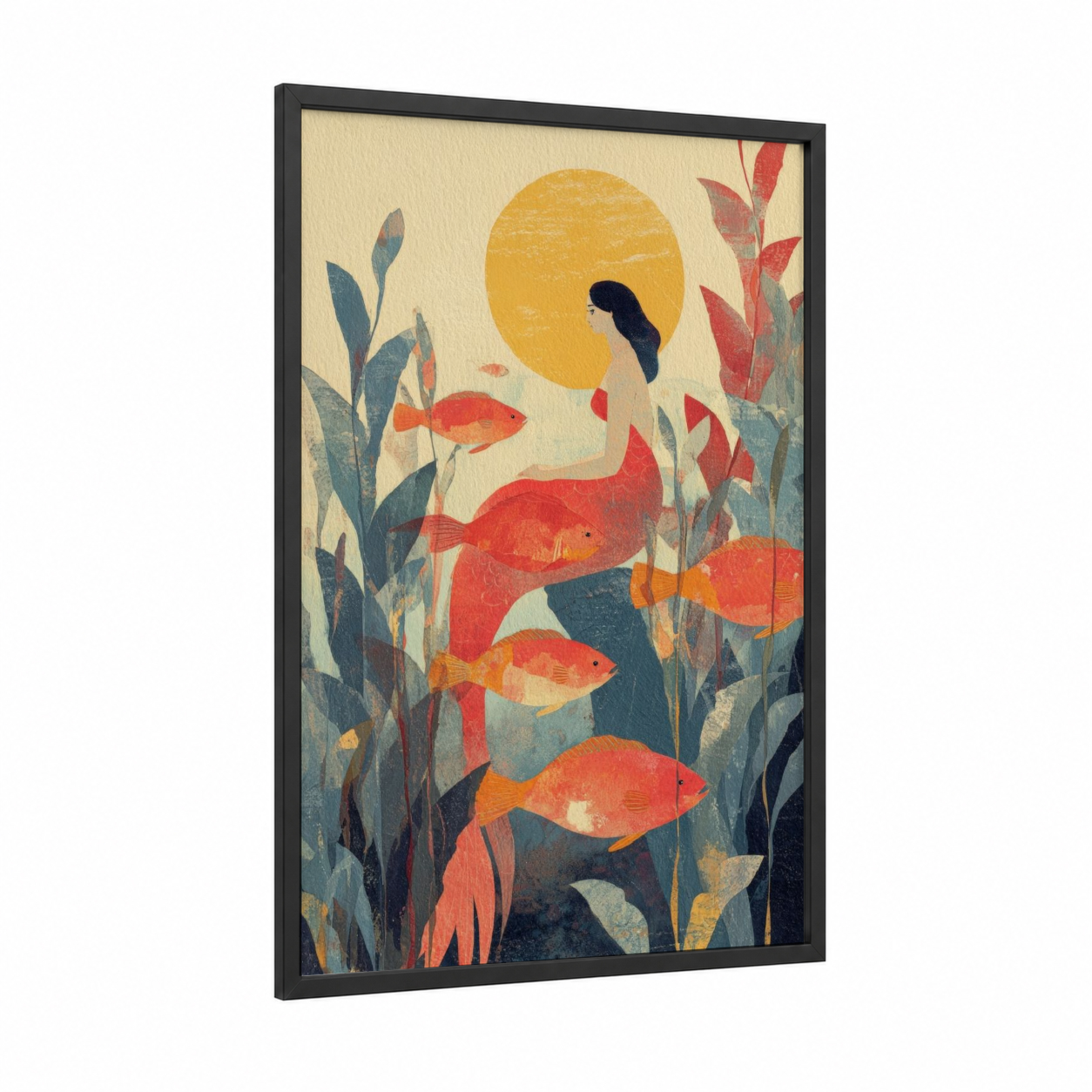 Golden Hour Mermaid framed art print — black wood frame — yellow gold and teal palette