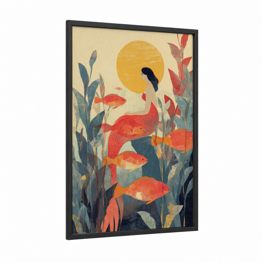 Golden Hour Mermaid framed art print — black wood frame — yellow gold and teal palette
