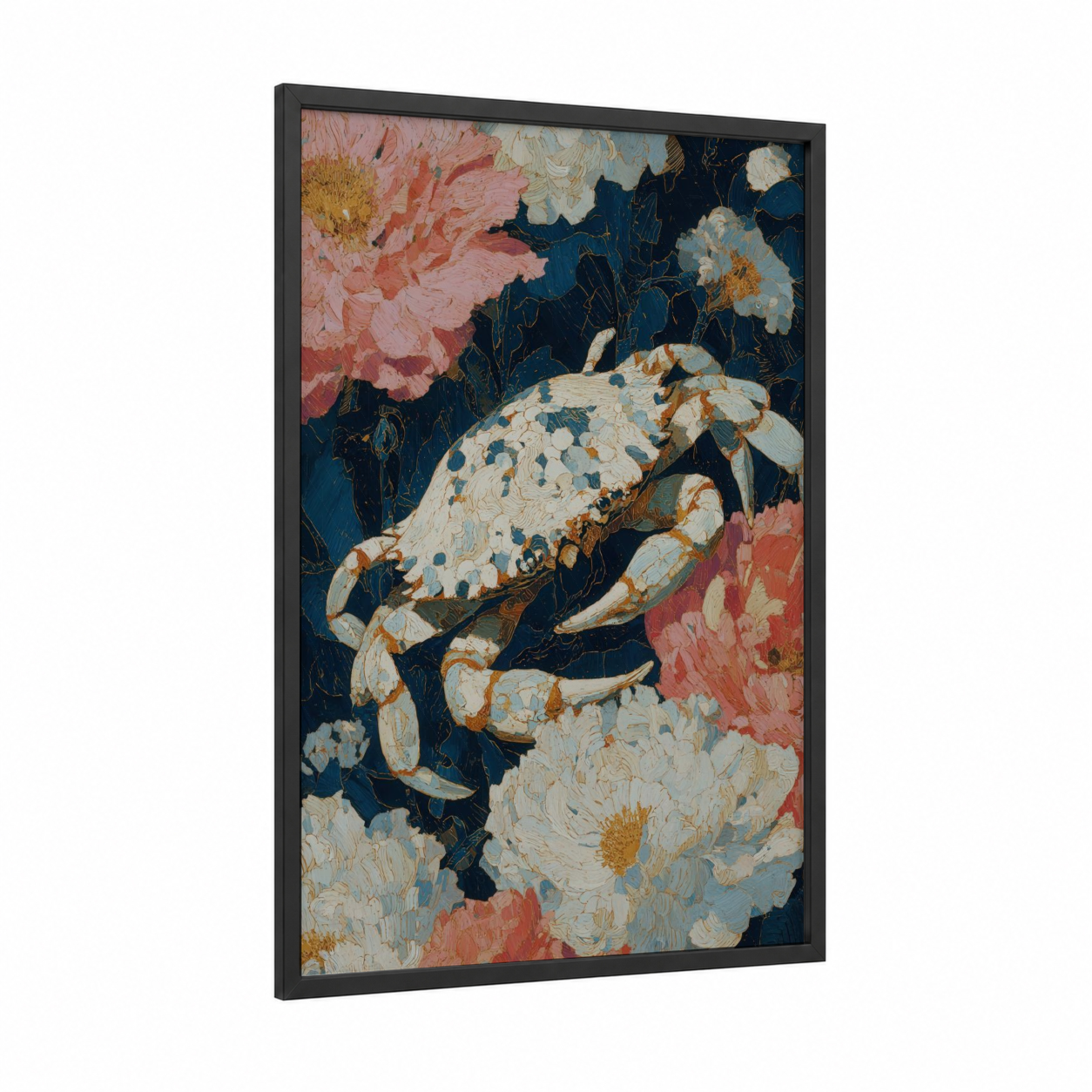 Spotted Crab Floral framed art print — black wood frame — dark blue and salmon pink palette