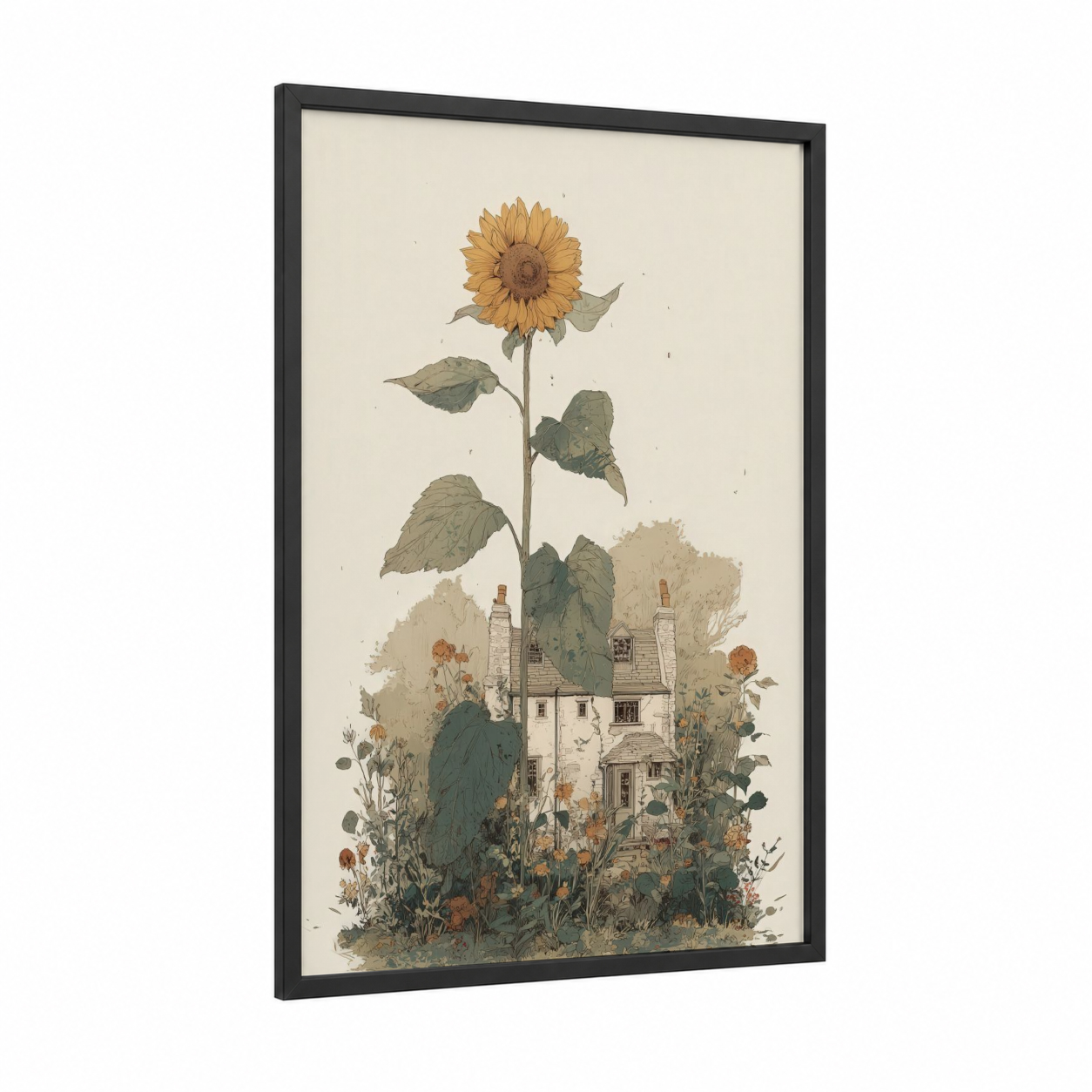 Golden Sunflower House framed art print — black wood frame — gold and sage green palette
