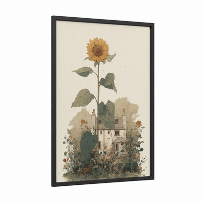 Golden Sunflower House framed art print — black wood frame — gold and sage green palette