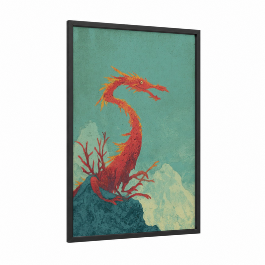 Crimson Mountain Dragon framed art print — black wood frame — teal and red palette