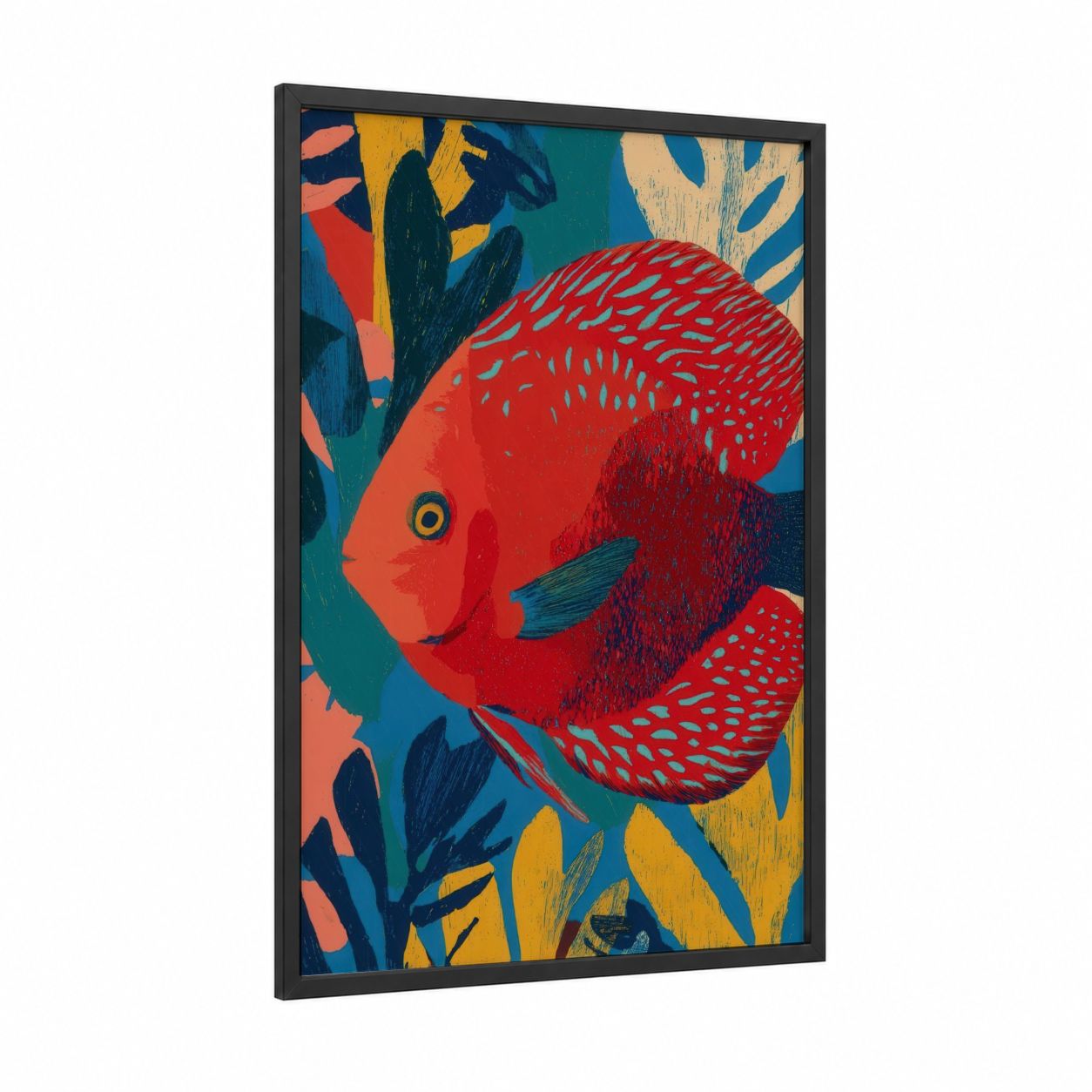 Crimson Discus Fish framed art print — black wood frame — red and teal palette