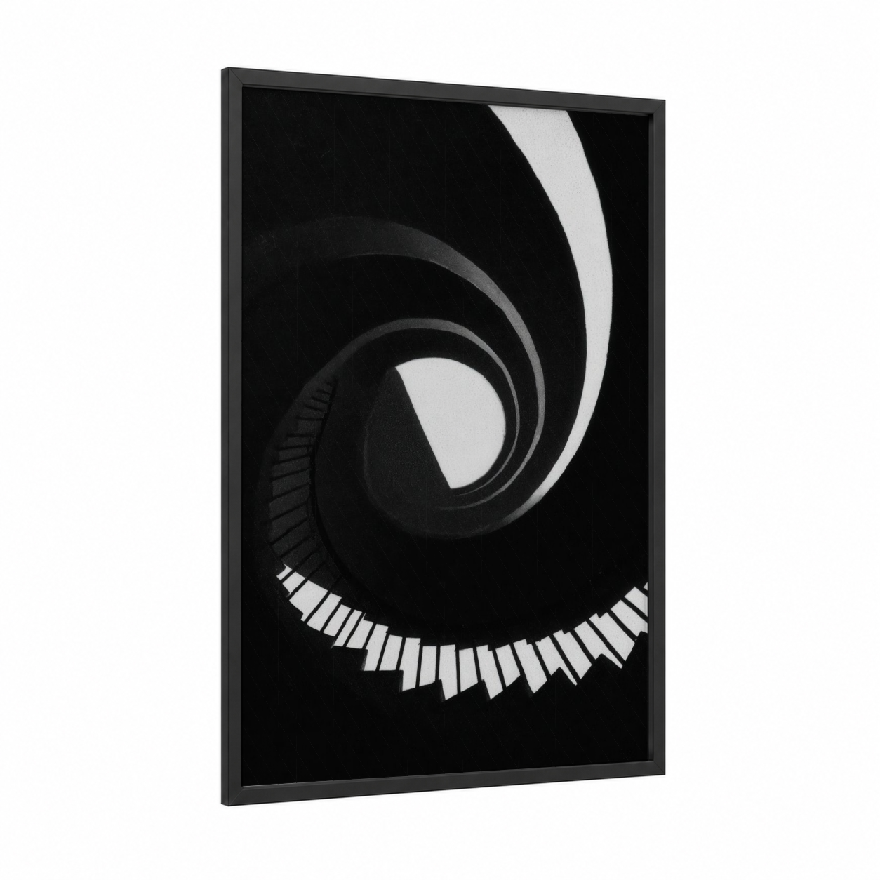 Staircase Spiral framed art print — black wood frame — black and white palette