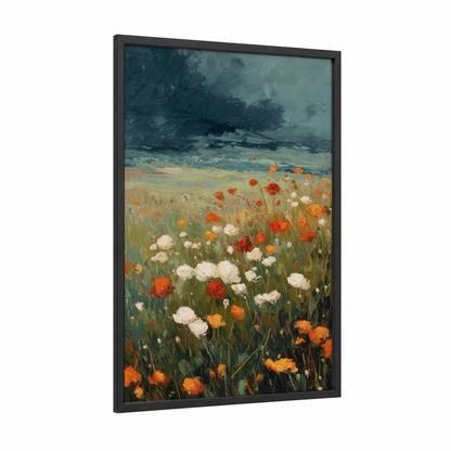 Stormy Ranunculus framed art print — black wood frame — orange and blue and white palette