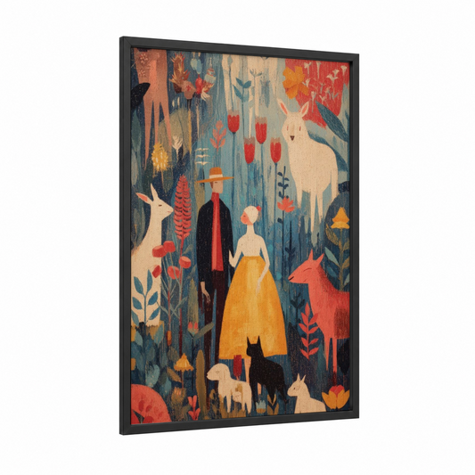 Garden Stroll Couple framed art print — black wood frame — blue and gold palette