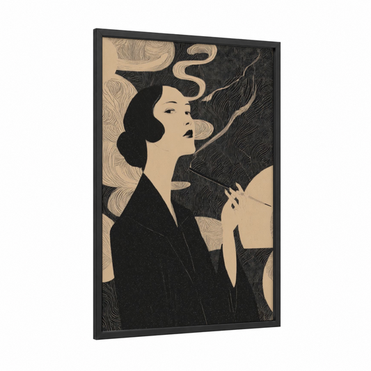 Contemplative Smoker framed art print — black wood frame — black and white and cream palette