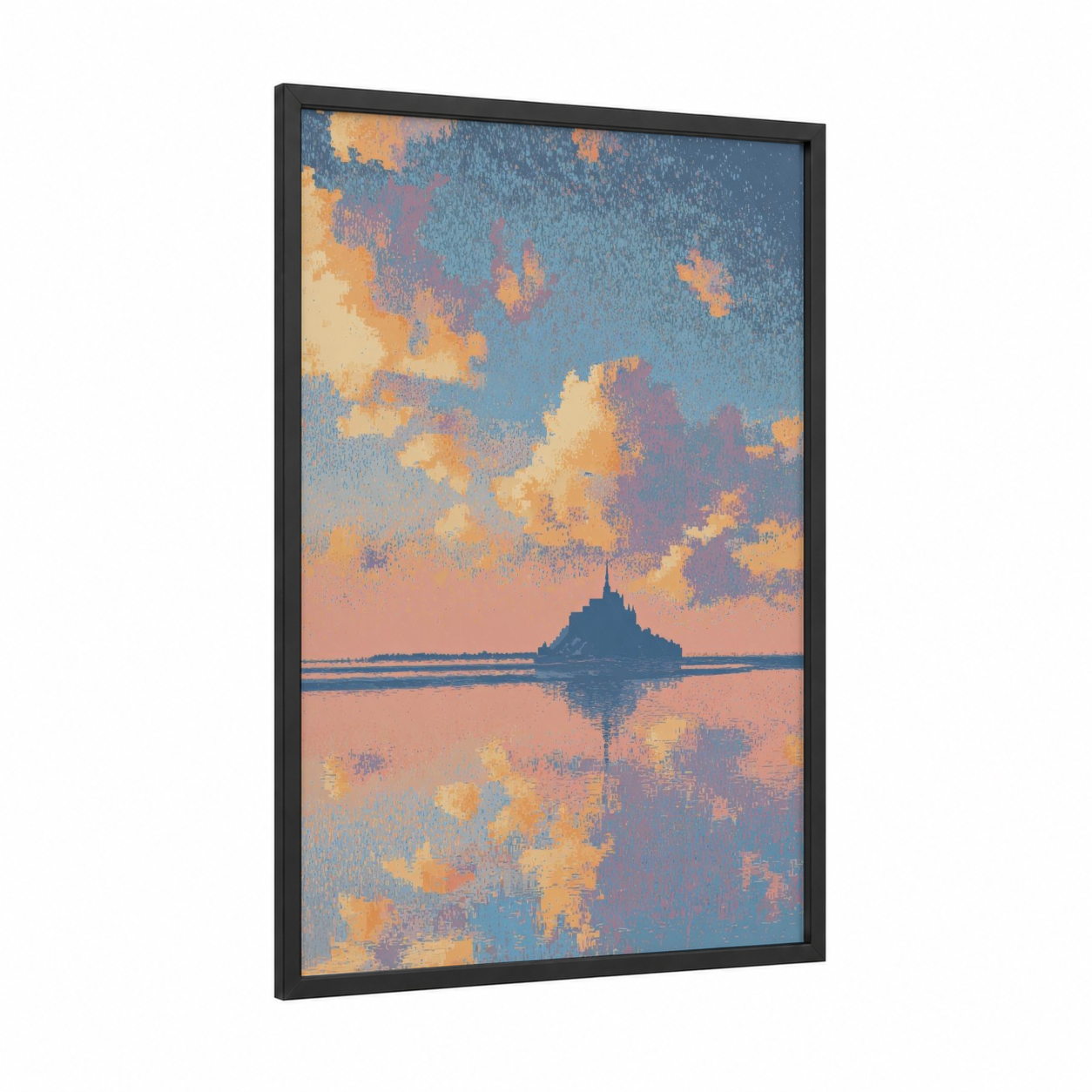 Golden Tidelands framed mont saint-michel print — black wood frame — gold and blue palette