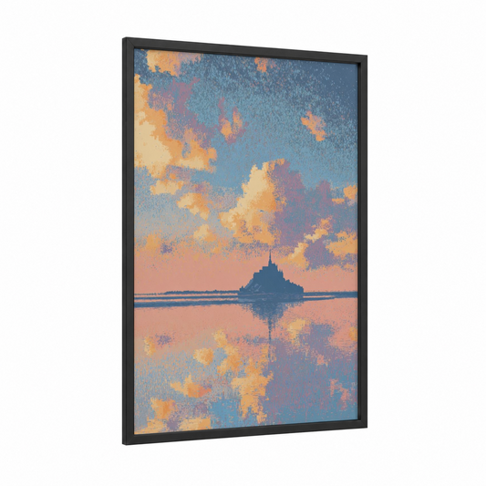 Golden Tidelands framed mont saint-michel print — black wood frame — gold and blue palette