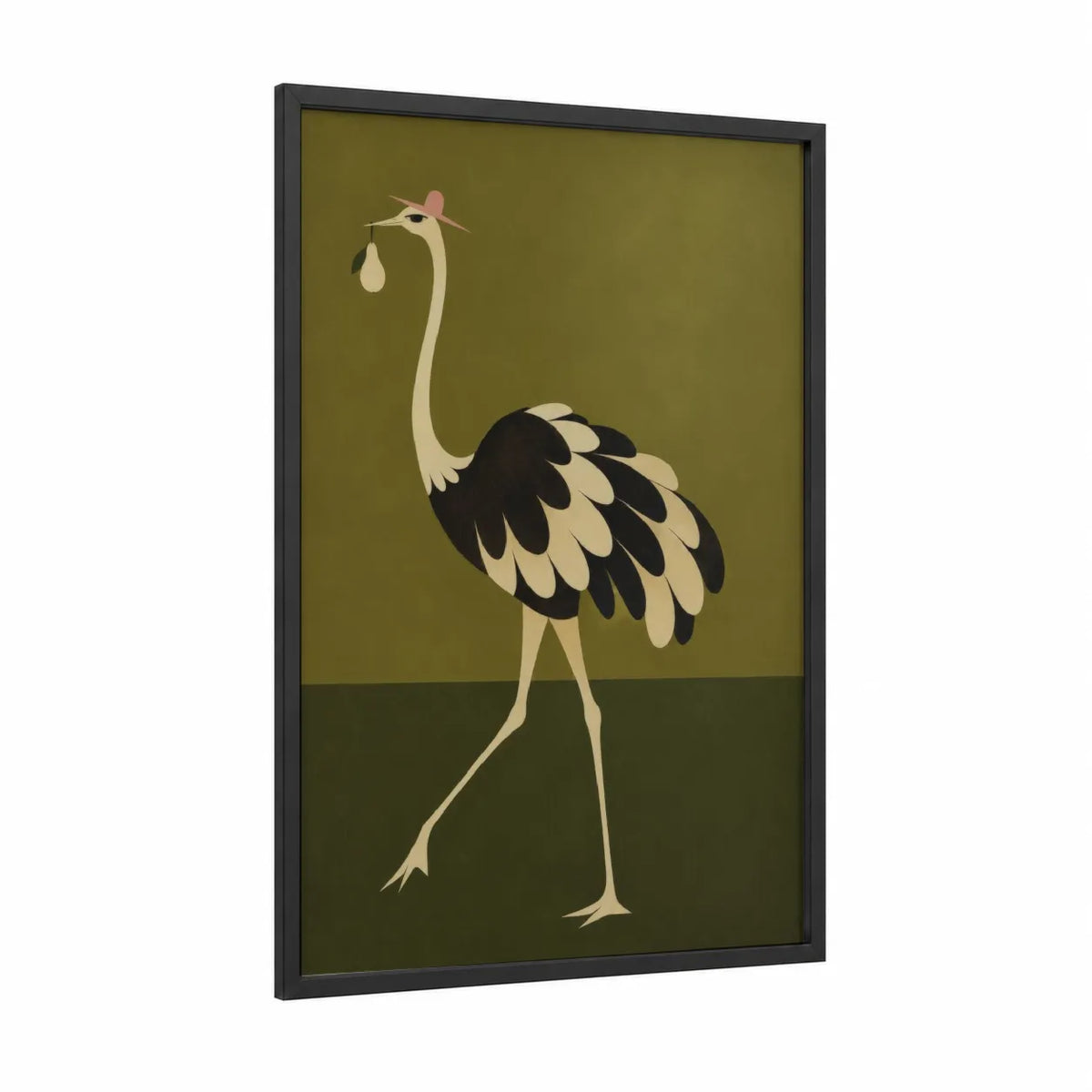 Stork Delivering Baby Wall Art framed ostrich print — black wood frame — olive and beige palette