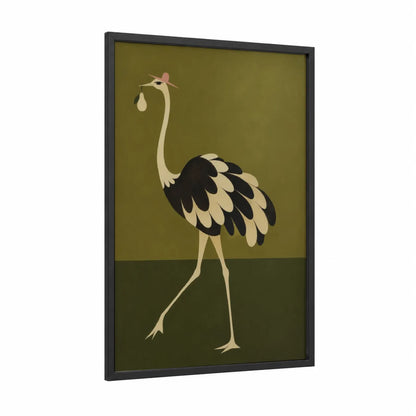 Stork Delivering Baby Wall Art framed ostrich print — black wood frame — olive and beige palette